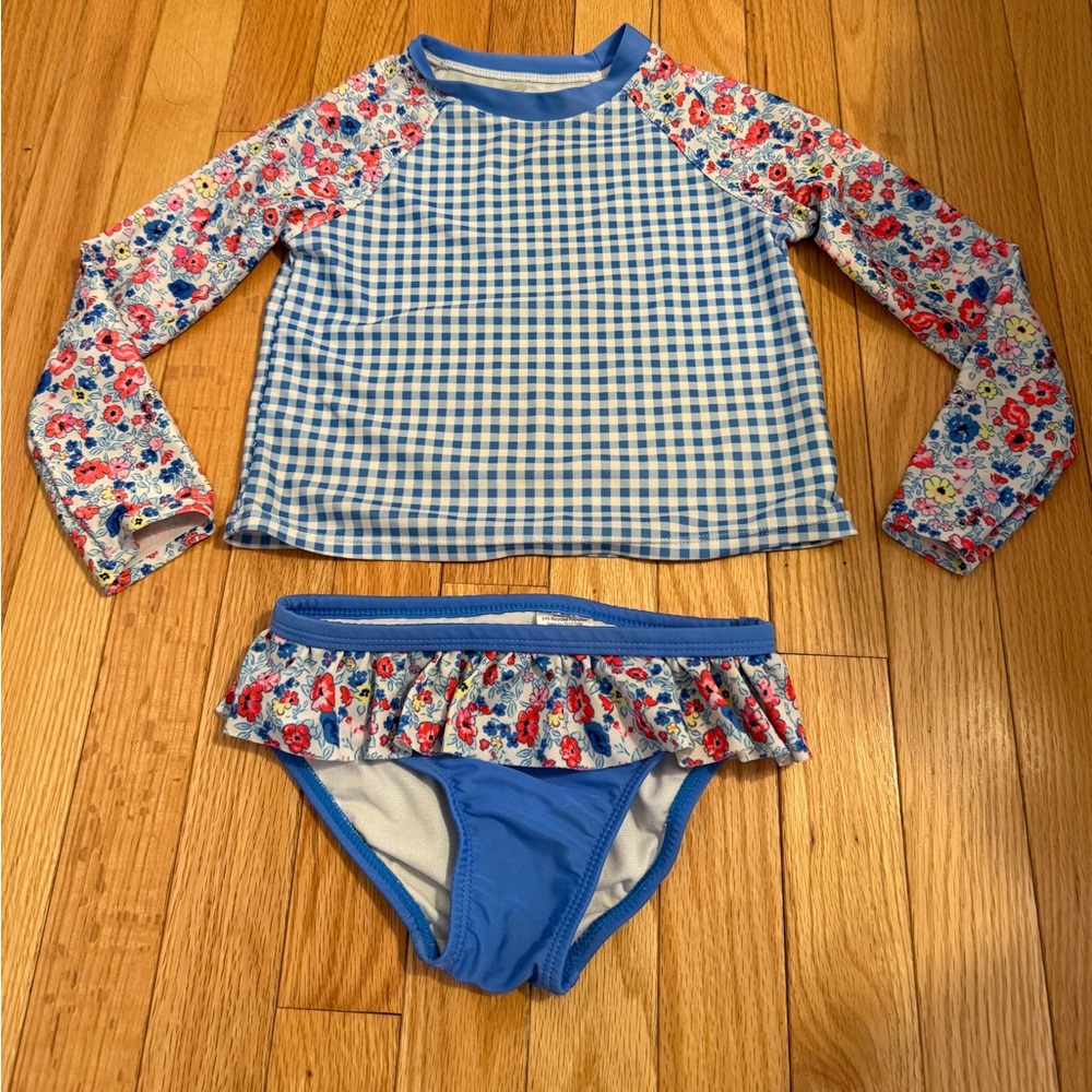 Kids Blue Floral Rash Guard Bikini Set